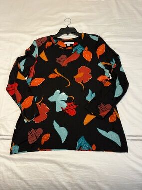 Chico's Black Top with Bold Orange & Teal Floral Motif, Size 2